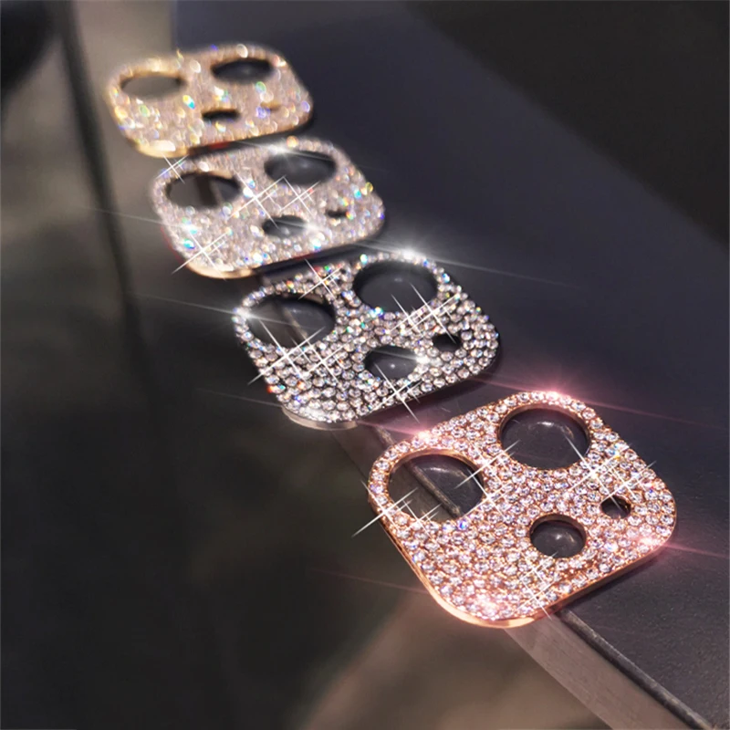 Protector de lente de cámara de diamante brillante para iPhone 15 13 12 Mini 11 14 Pro Max, película protectora de pantalla de Metal con purpurina de diamantes de imitación