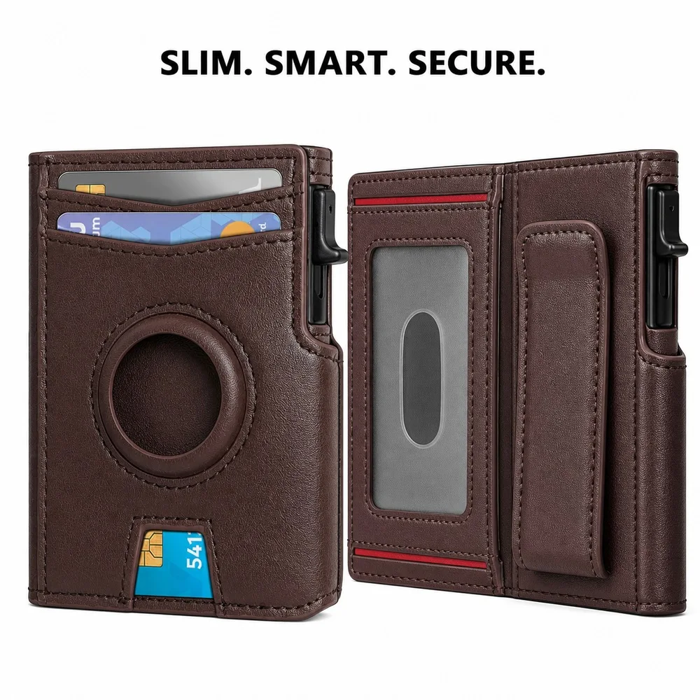 Men's RFID Blocking Bifold Wallet with Pop-Up Card Holder, Money Clip, ID Window and Tracker-Ready Slot, Slim PU Leather Design