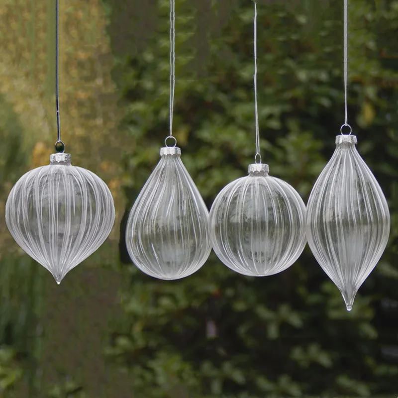 

Free Shipping 8pcs/pack Different Shape Transparent Striped Glass Pendant Christmas Day Hanging Ornament Globe Onion Cone Drop