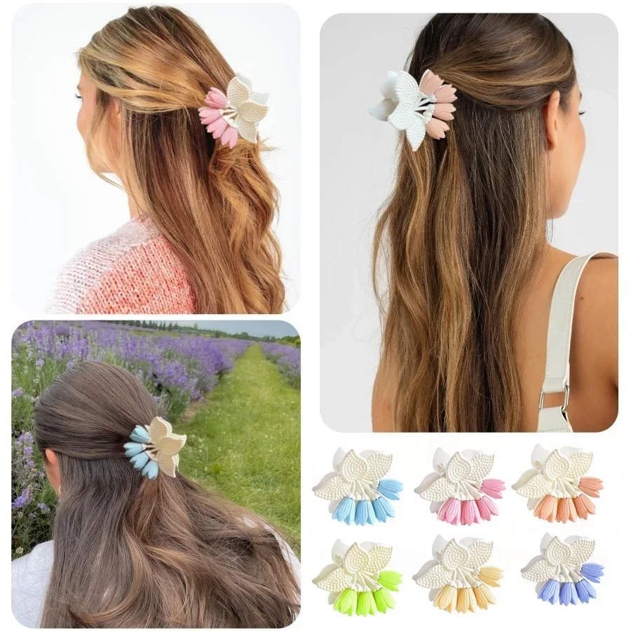 

1pc Women's Frosted Flower Hair Grab Clip Summer New Color Back Head Bun Shark Clip Thick Hair Thin Use Tulip Hair Grabbing 머리핀