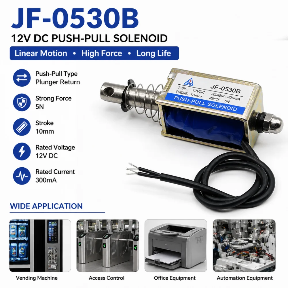 JF-0530B 12V 300mA DC Push-Pull Solenoid 5N/10mm Linear Solenoid Suitable for Transportation Equipment, Etc.