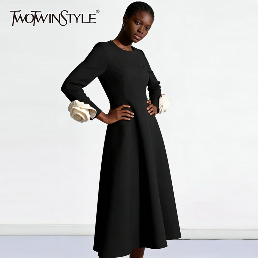 투트윈스타일 히트 컬러 슬리밍 스플라이스드 3D 플라워 드레스 여성용 라운드넥 긴팔 하이웨이스트 우아한 드레스 여성 신상