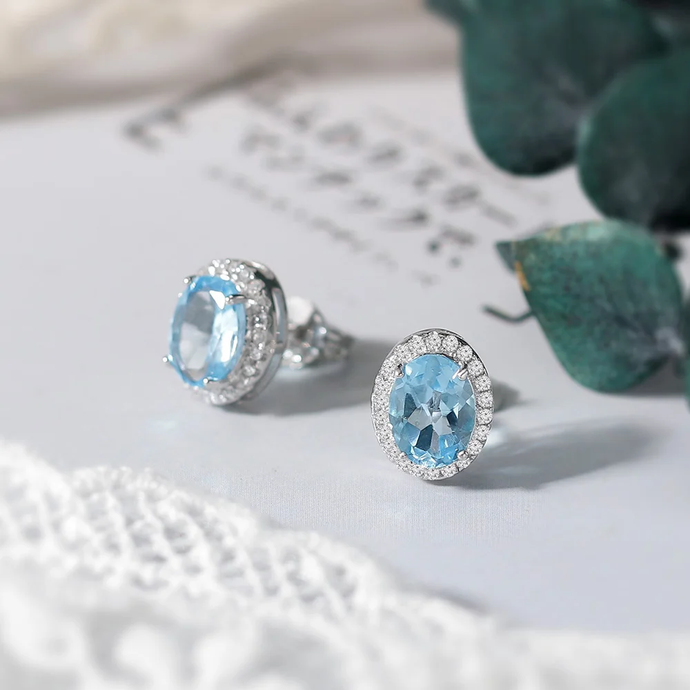 LAMOON Natural Topaz Earrings For Women Gemstone Earring Blue Stone 925 Sterling Silver White Gold Plated Wedding Jewelry EI020