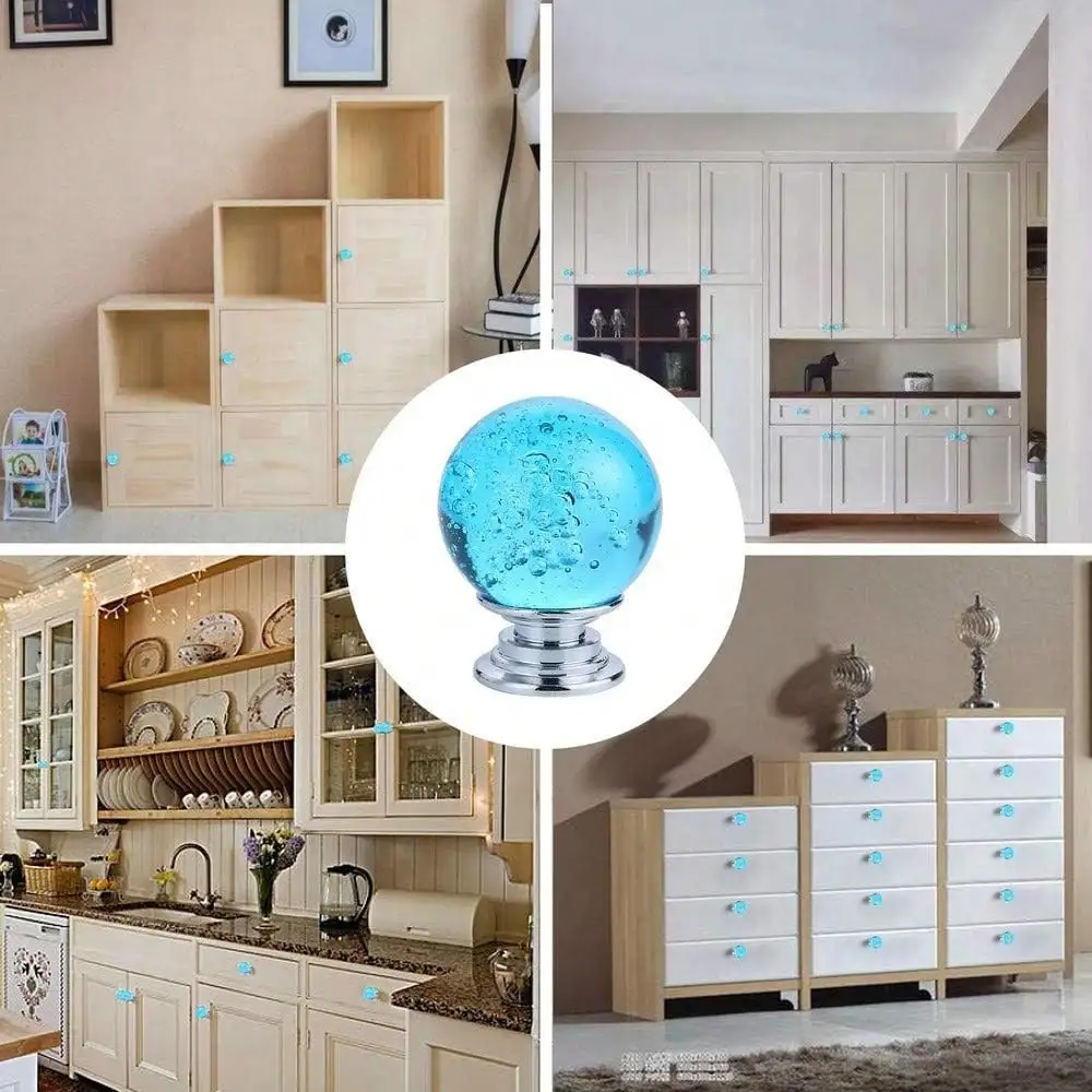 4 PCS Azure Blue Round Glass Bubbles Knobs Smooth Drawer Pulls Handle for Home, Cabinet, Drawer and Dresser, 30MM.