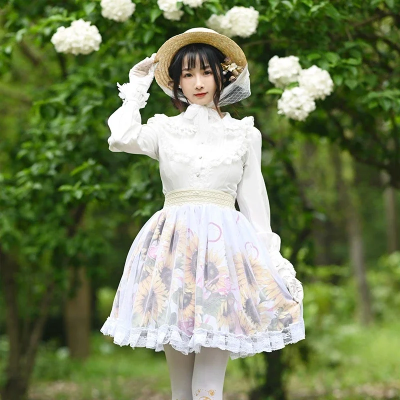 

Ainclu Adorable Fashion Sunflower Pattern Print Women Girls Retro Lace Ruffle Daily Fancy Party Lolita Skirt With Pure White Soc