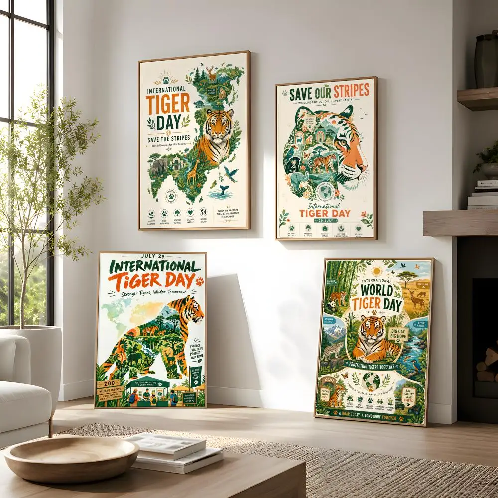 International Tiger Day Poster Living Room Bedroom Wall Decor Self-Adhesive Aesthetic Modern Vibe Stylish Gift For Friends