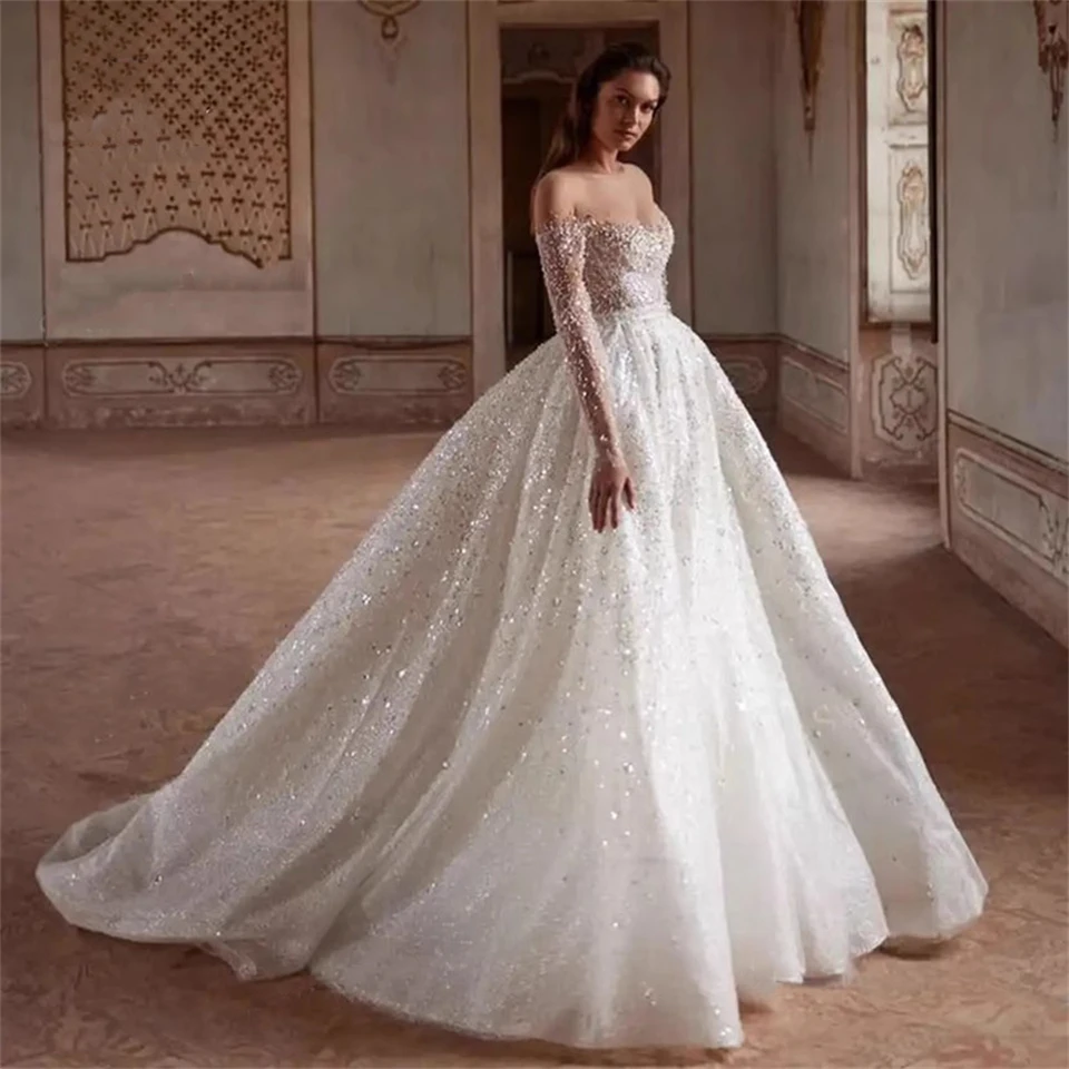 Customized Glitter Boat Neck Crystal Beading Ball Gown Wedding Dresses For Women 2024 Court Train Bridal Gown Vestidos De Novia