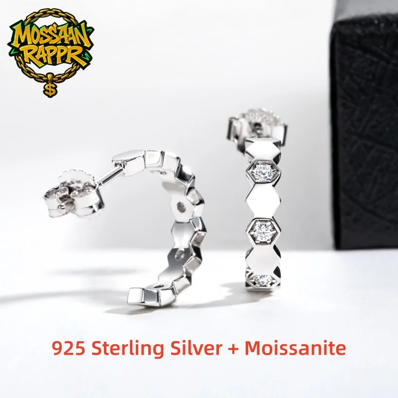 

MossanRappr 925 Sterling Silver Moissanite Honeycomb Hoop Earrings Luxury Hip Hop Jewelry Diamond Huggie Earrings for Women Men
