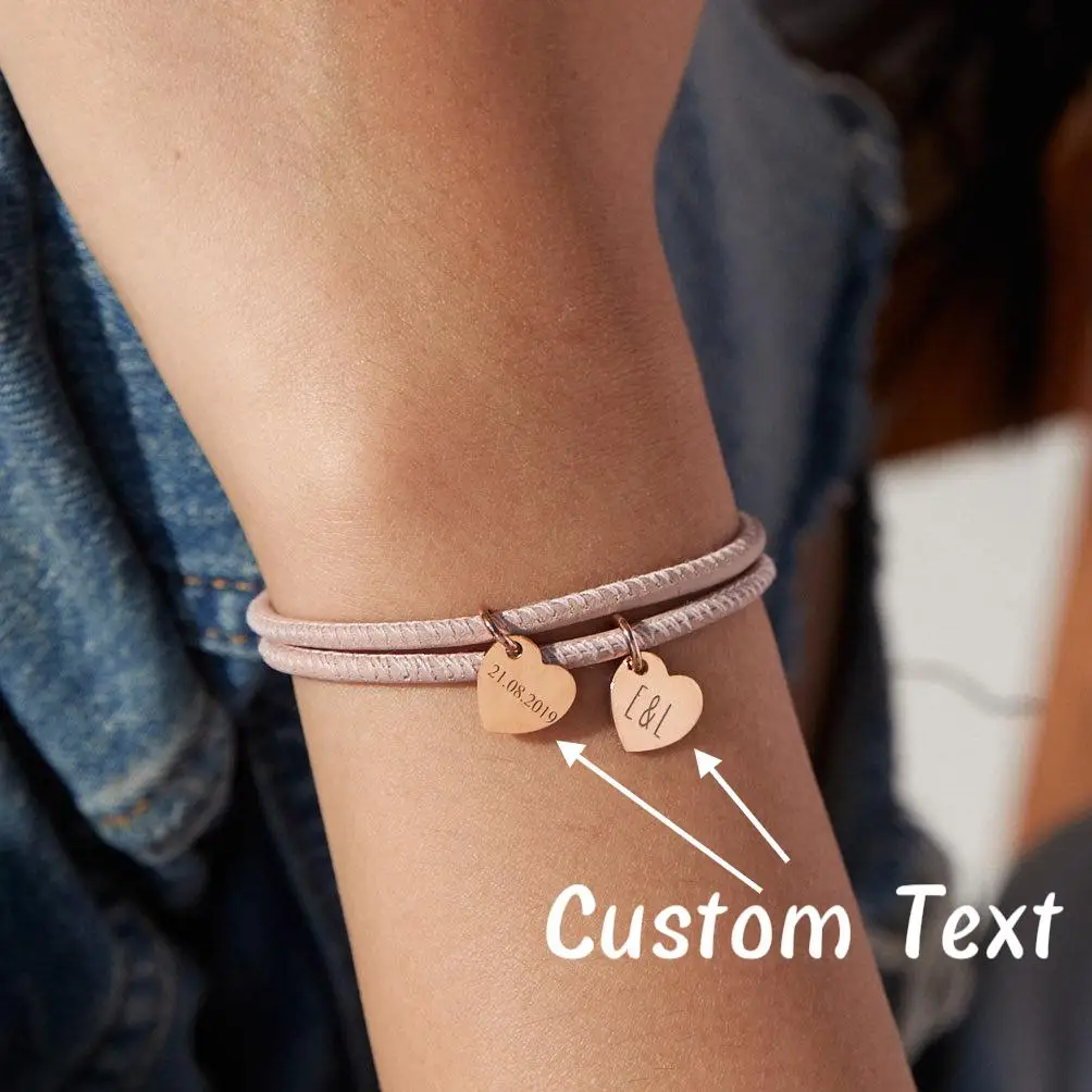 

DOREMI Custom Name Leather Bracelet Stainless Steel Heart Charm Engraved Adjustable Women Bracelet Valentine's Day Jewelry Gift