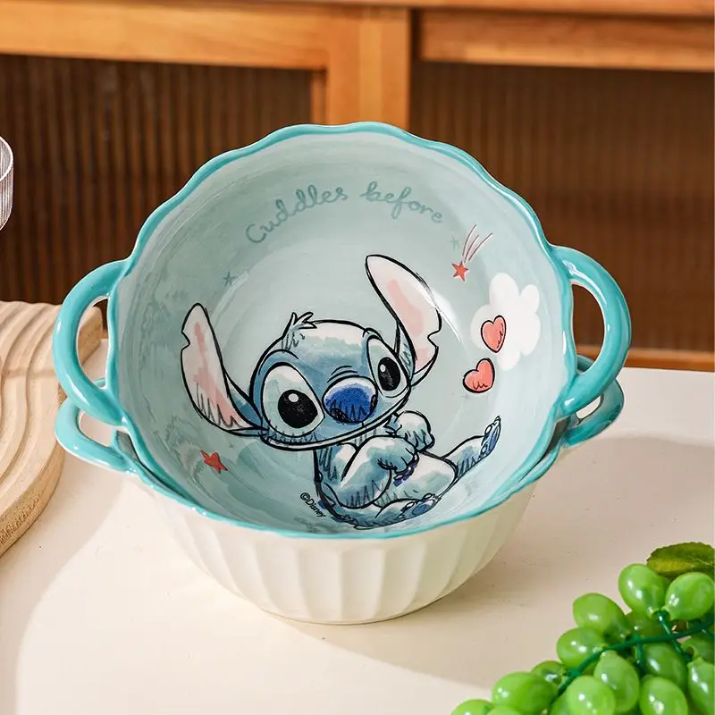 Mangkuk sup keramik lucu bergambar kartun Disney Stitch dengan pegangan ganda anti panas, peralatan makan dapur kreatif, mangkuk salad, mangkuk mie instan, hadiah