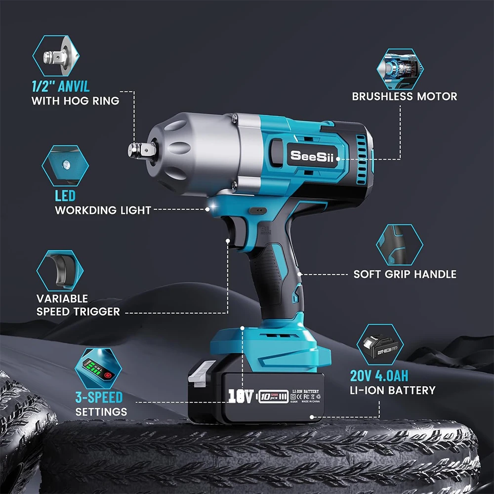 SEESII 1300Nm Brushless Impact Wrench 1/2 pollici Cordless Chiave Elettrica Pneumatici Auto Strumenti di Riparazione Per Makita 18V Batteria Casa FAI DA TE