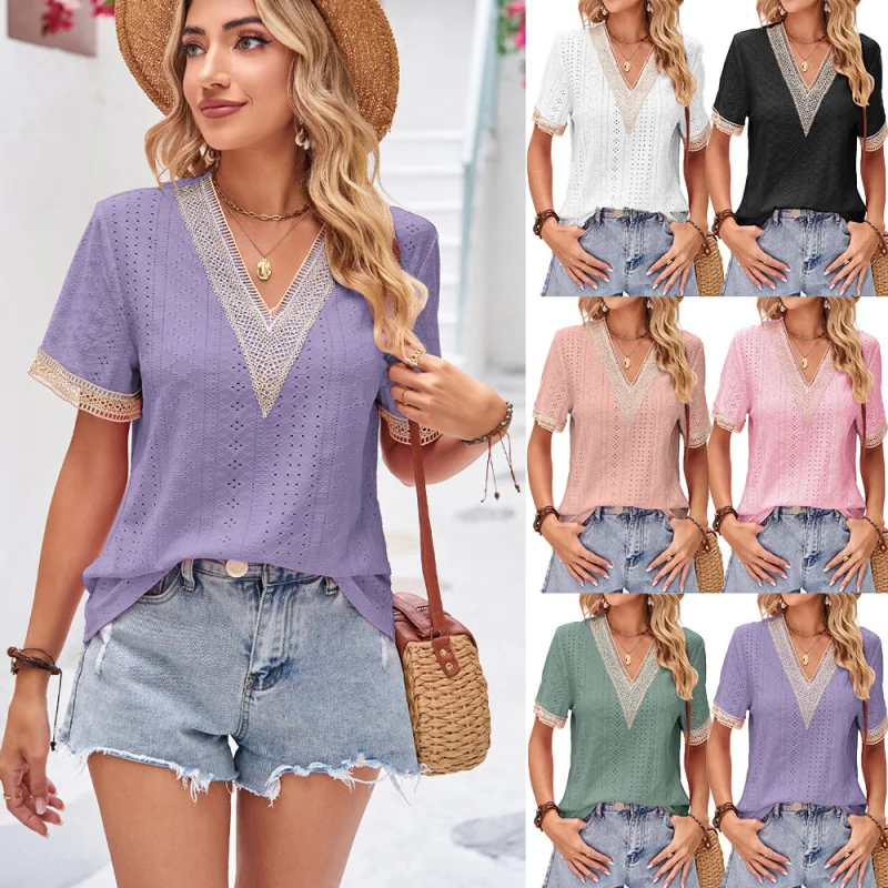 

2025New New2025Trendy Summer FashionVLace Trim Patchwork Solid Color Loose Short Sleeve Top Women