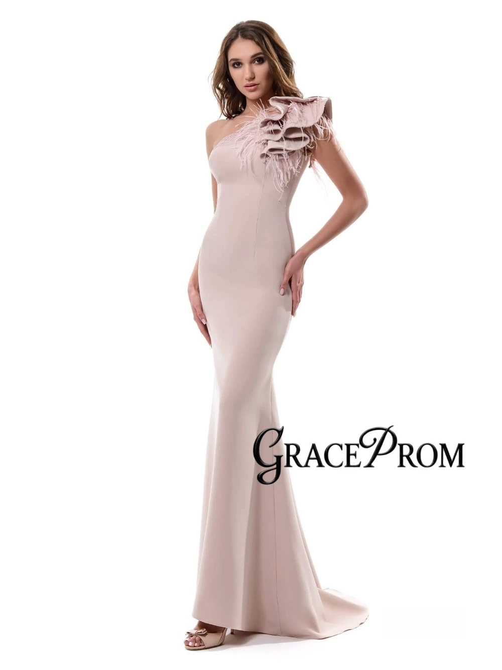 

Blush Pink One Shoulder Vintage Evening Gown Mother Of the Bride Dresses Customized Simple Mermaid Feathers Prom Dress