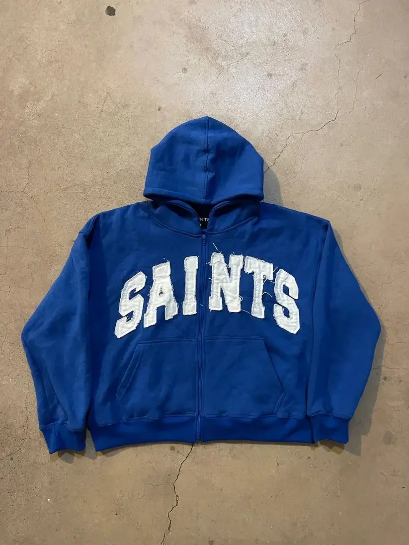 Y2K Blue Retro Cross Patchwork Loose Hoodies SAINTS Sweatshirt Fashion Oversized Zip Up Hoodie Men Streetwear Women Clothing