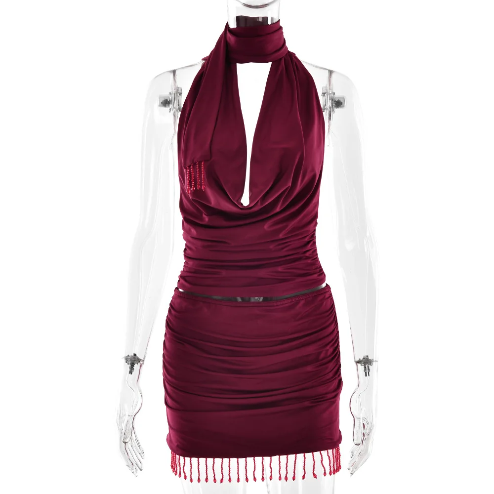 

DSMTRC Women Streetwear Summer Skirt Sets Swinging Collar Halter Backless Crop Vest Mini Skirts Outfits Sexy Tassels 2 Piece Set