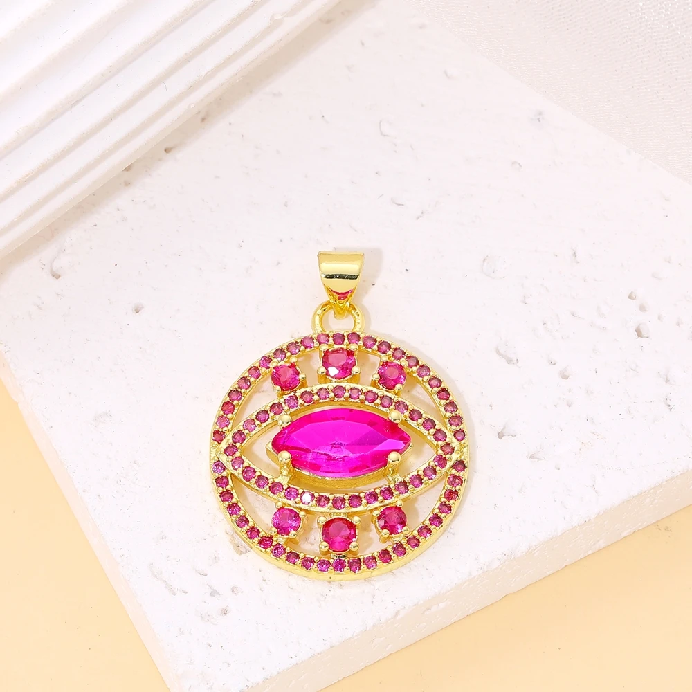 Juya 18K vergoldete Luxus-Anhänger mit Regenbogen-Zirkonia, Stern, Libelle, Baum des Lebens, Biene, Liebesherz, rundem griechischem Bösen-Auge-Charm – Detail 29