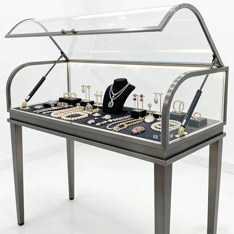 Stainless steel curved hydraulic cabinet titanium-plated jewelry cabinet display cabinet gold and silver jewelry glasses=