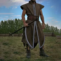 Tunica medievale senza maniche da uomo Robe stampata Larp Costume vichingo Tarbard Warrior camicia Cosplay camicetta lunga sassone celtica