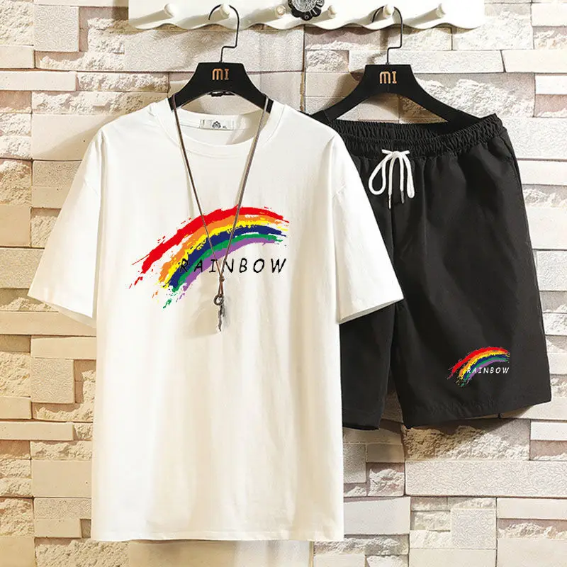 

Men's Suit Five-quarter-sleeved Couple Suit Men's Summer Trendy Brand Rainbow Half-sleeved T-shirt Large Size Student