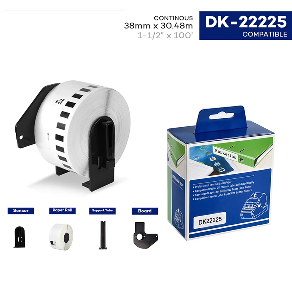 DK-22225 Label 38mm*30.48m Continuous Compatible Brother Label Printer DK22225 for QL Label Printer QL-500 570 Labeling Machine