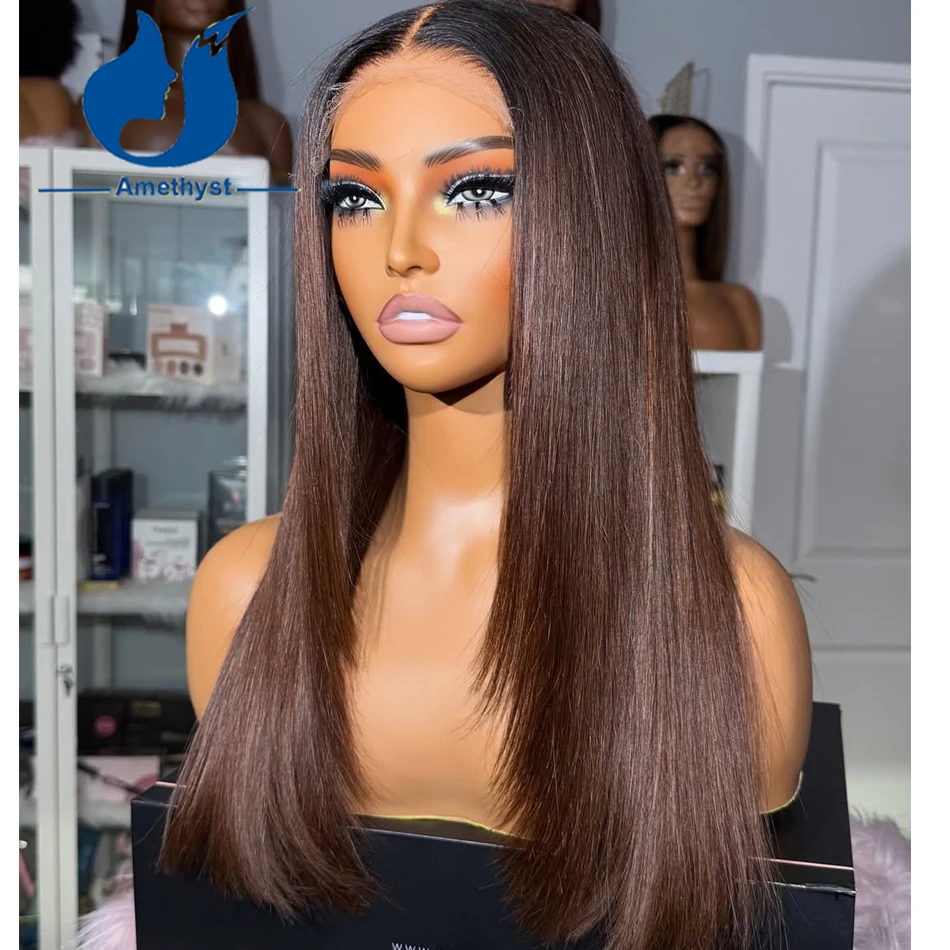 Amethyst Straight Layered Ombre Human Hair Wigs for Black Women 13x6 Lace Front Wig Pre Plucked Remy Hair Braizlian Colored