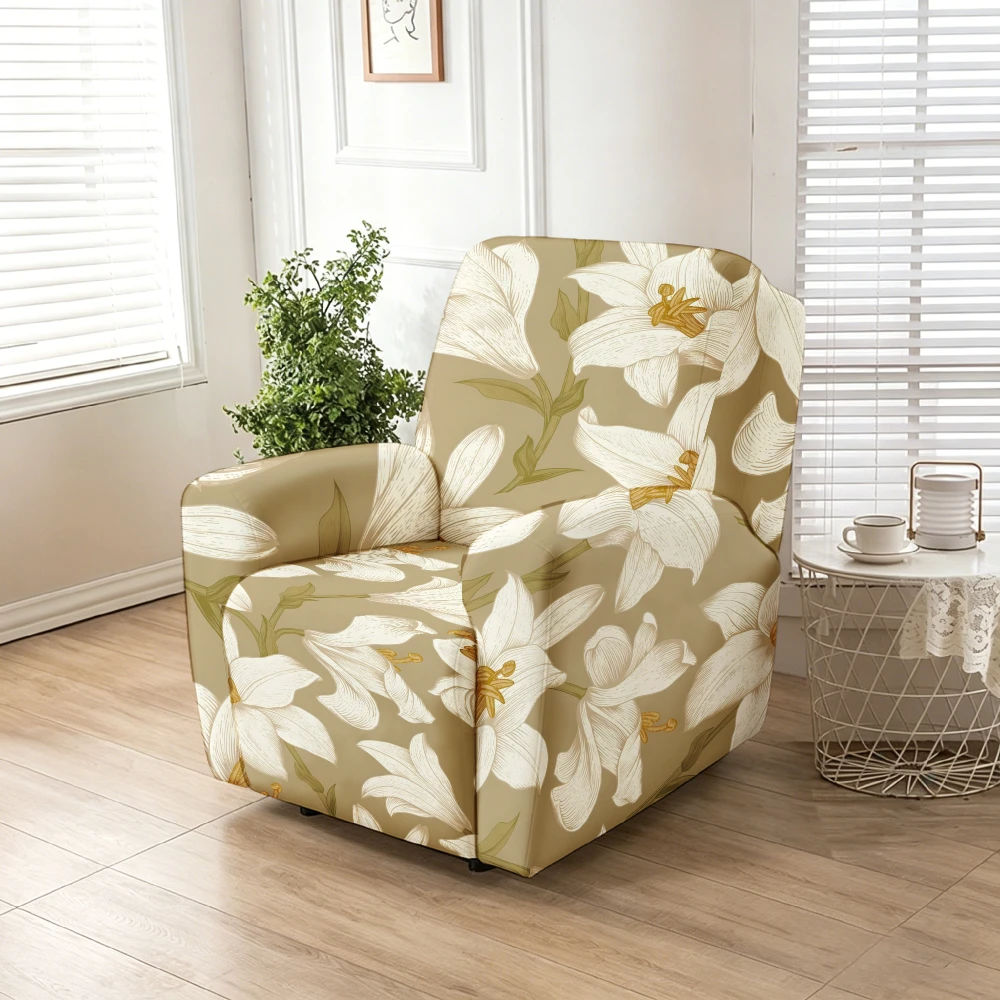 Recliner Slipcover,White Lily Floral Print Stretch Recliner Sofa Cover, Stretch Soft Furniture Protector Slipcover