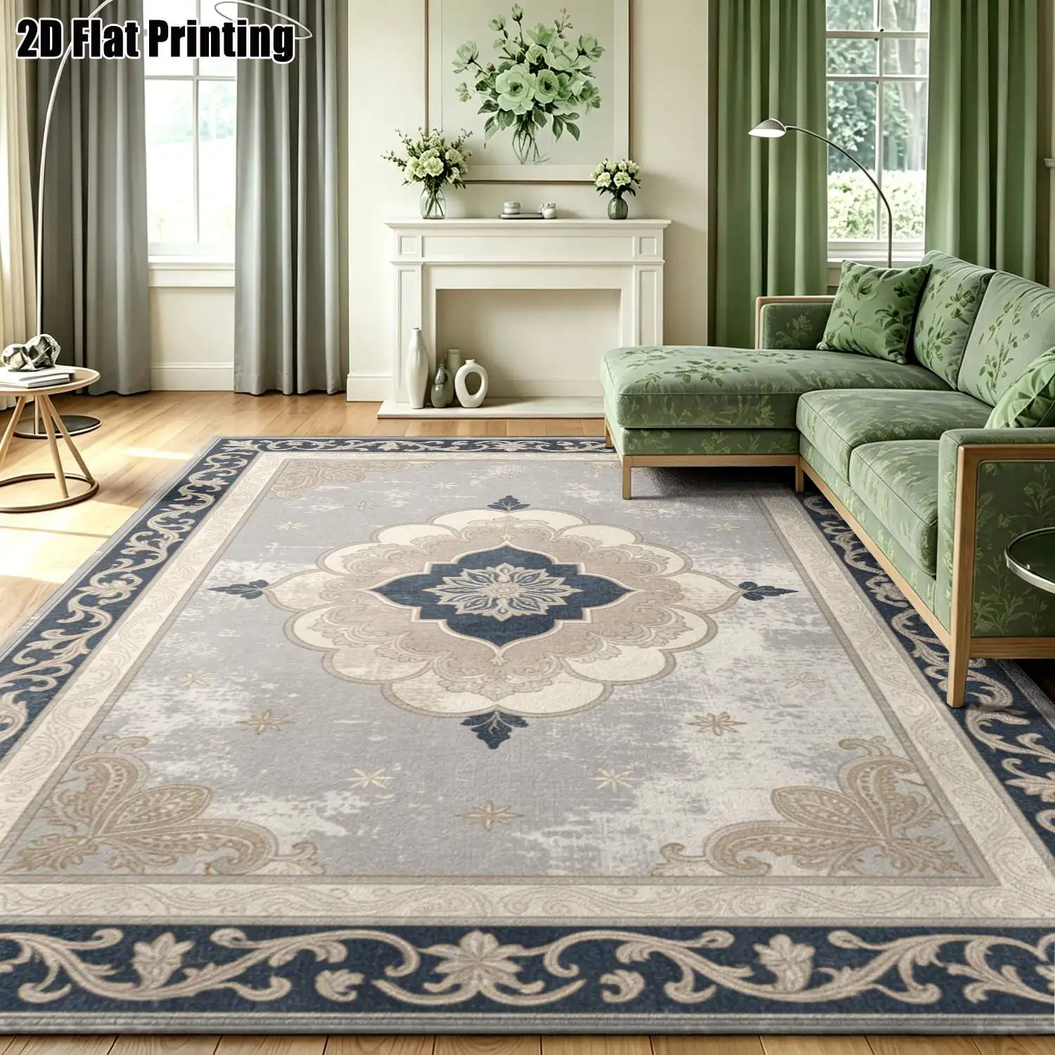 1Pc 2D Printed Carpet: Blue-Grey Retro Floral Pattern, European/Vintage/Geometric/Bohemian Style, Multi-Size, Machine Washable, Suitable for Home Decor, Entrance/Dining/Foyer/Bedroom/Living Room
