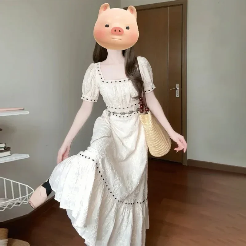 

Элегантное французское белое платье с застежкой талии, женская мода, весна 2024, новое высококачественное длинное платье длиной до колена с коротким рукавом