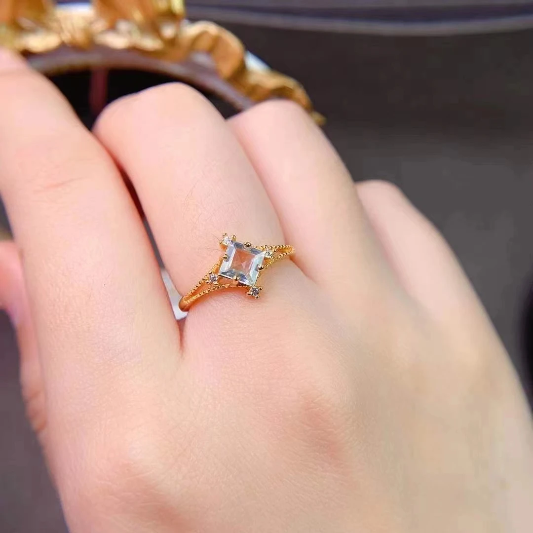 Vintage Silver Gemstone Ring 5mm Princess Square Cut Natural Aquamarine Ring 925 Silver Aquamarine Jewelry view 5