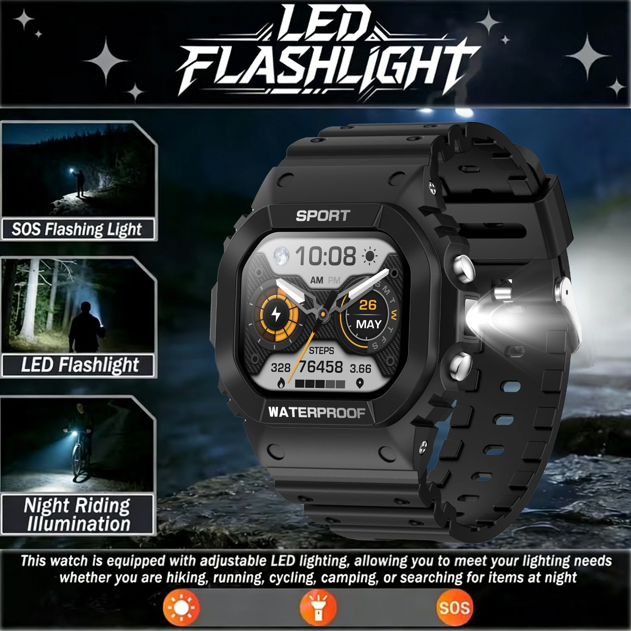 TKTKYY Smart Watch with 130+ Sports Modes Waterproof BT Call Compass Music Control Camera LED Flashlight for iOS Android Watches