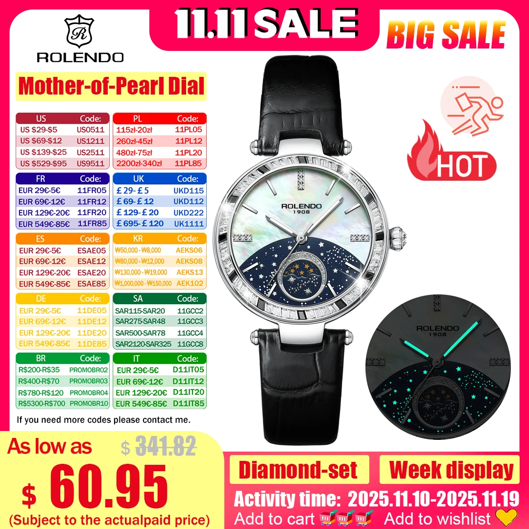 

ROLENDO Ladies Automatic Watch35mm Sapphire Crystal CZ Diamond Bezel Luminous Calendar WR 50m Mechanical Movement Luxury Elegant