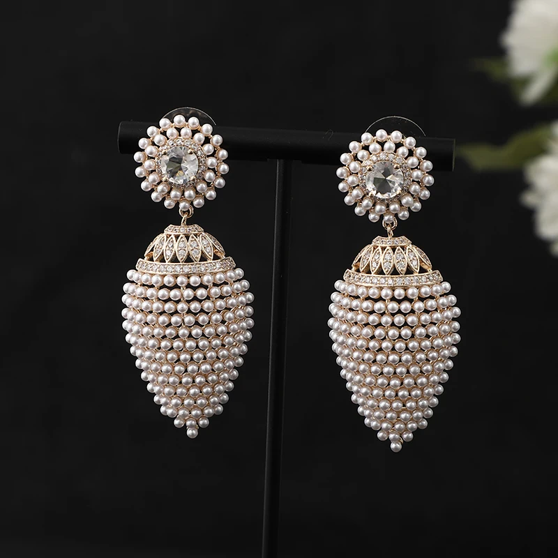 Luxury Red Carpet New Pearl Drop Dangle Earrings For Women Wedding Full Cubic Zircon High Jewelry Dubai Bridal Earring A0182