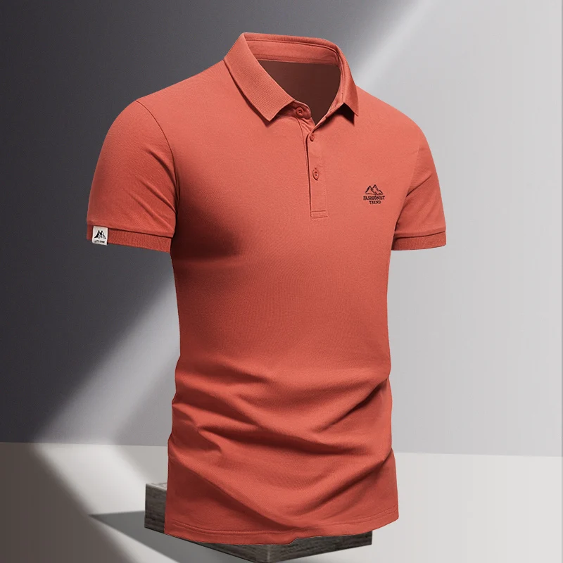 Turn-down Collar Summer Men's Pullover Business Solid Color Letter Printing Button Short Sleeve T-shirt Casual Formal Tops