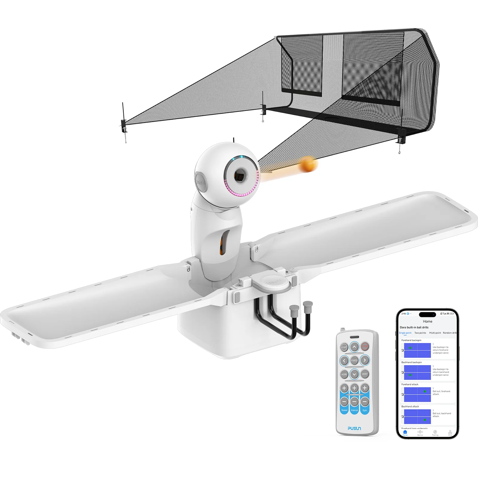 

Table Tennis Robot Machine, PUSUN Ping Pong Robot Machine with Net, Remote&App Control, Built-in Multiple Training Drills