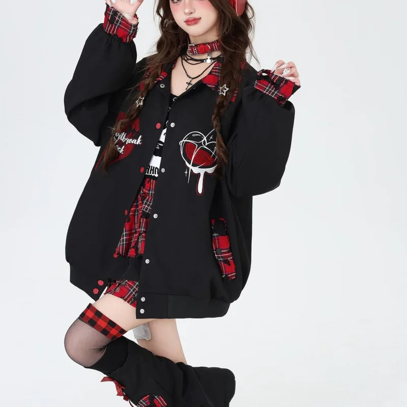 

Y2k Punk Printed Grid Splicing Winter Baseball Jacket Women Long Sleeve Top Black American Style Loose Outerwears Goth Clothes