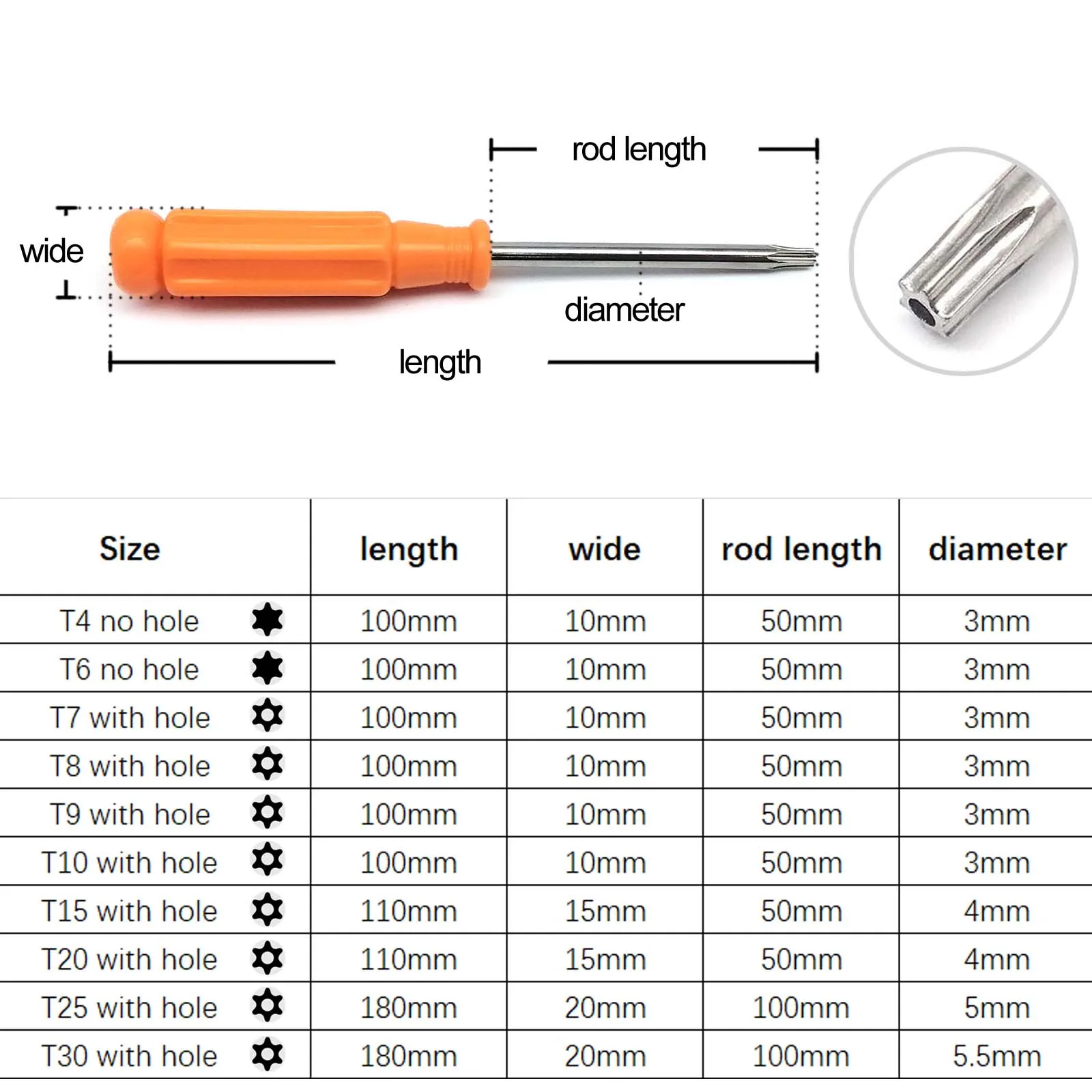 HZYUEGOU T4 T6 T7 T8 T9 T10 T15 T20 T25 T30 Sechsrings-Torx-Schraubendreher mit manipulationssicherem Sicherheitskopf – Detail 1