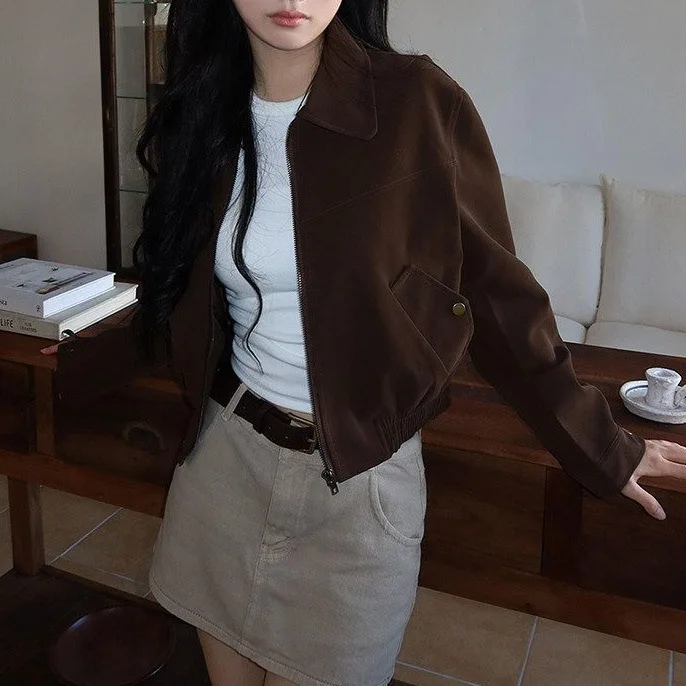 Short Coat Women Coats Zipper Turn Down Collar Jackets Vintage Y2k Streetwear Casual Loose Splice Jacket 2026 Autumn Winter
