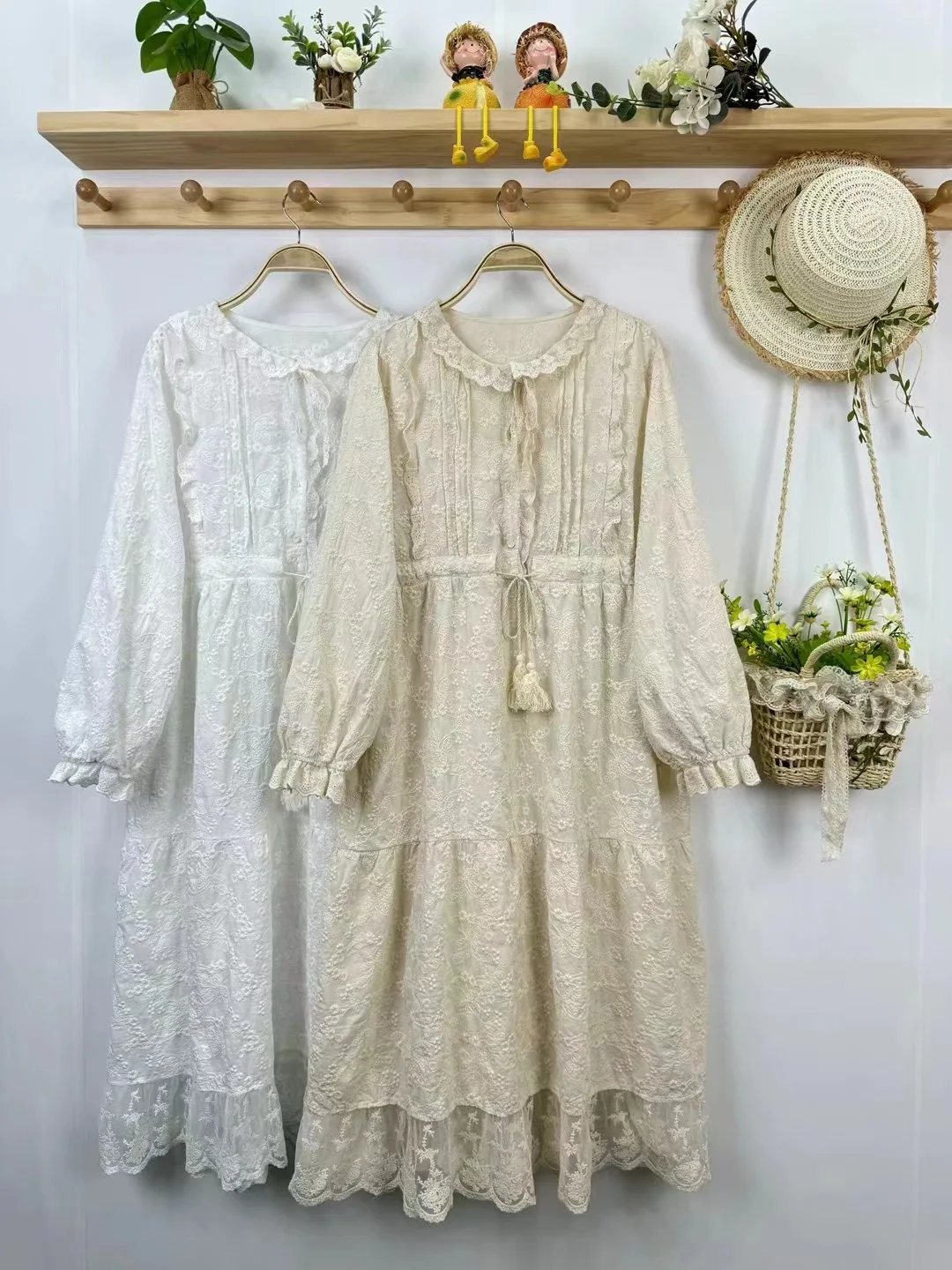 Japan Style Sweet Lolita  Lace Embroidery Pathwork Dress Women Autumn New Kawaii O-Neck Long Sleeve Casual Loose Midi Dresses