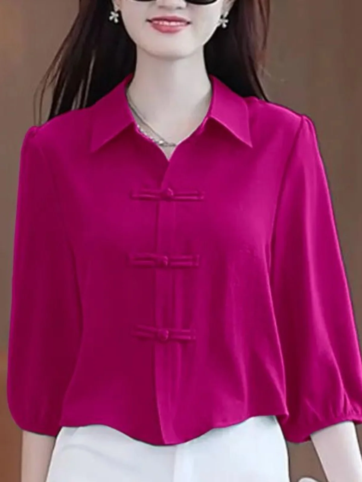 

Свободный осенний женский воротник Seven Sve Pure Color Топ на пуговицах для похудения Универсальный повседневный модный чехол для живота