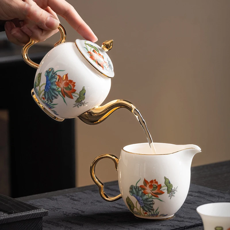 Step-by-Step Lotus Bloom Lamb's Fat Jade Porcelain Tea Pot Ceramic Tea Set for Home Use 2026 New Model
