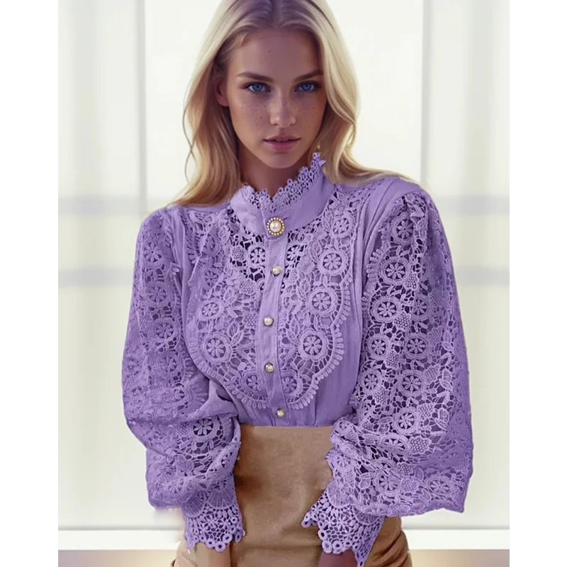 

Korean Spring Autumn Stand Collar Loose Lace Hollow Flower Women's Shirt Fashion Solid Color Elegant Lady Commuting Shirt 4107