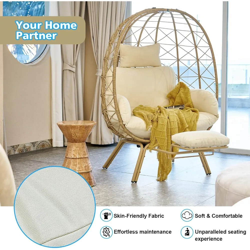 Wicker Egg Chair with Cushion & Footrest - Oversized 450lb Capacity Boho Hanging Chair for Indoor/Outdoor - Beige Rattan Lounge