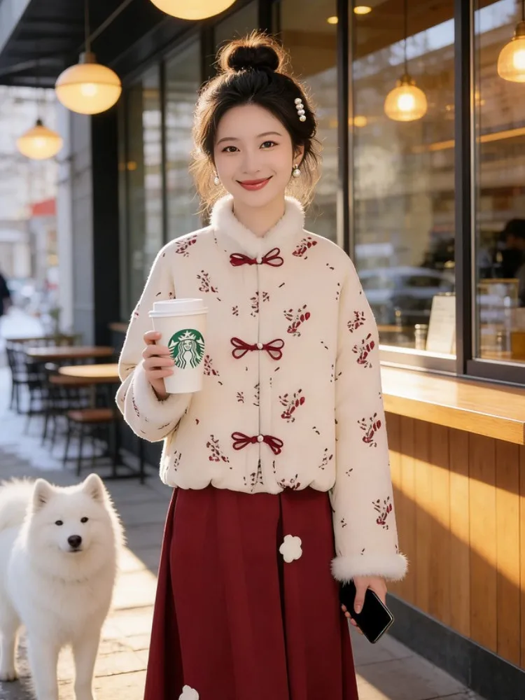 

Red Cotton Jaet And Skirt Set Women's Faion Autumn Winter Warm High Waist Printed Two Piece Sweet Personali Outfit