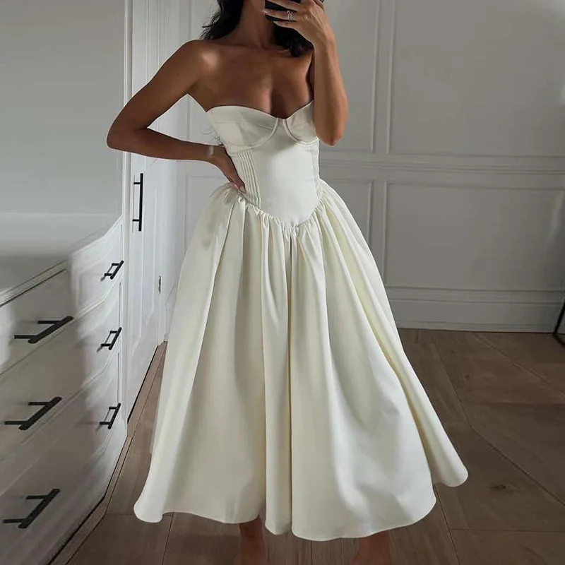 

New Women'S French Sexy Backless Slim Fit Solid Color Strapless Dress Long Skirt