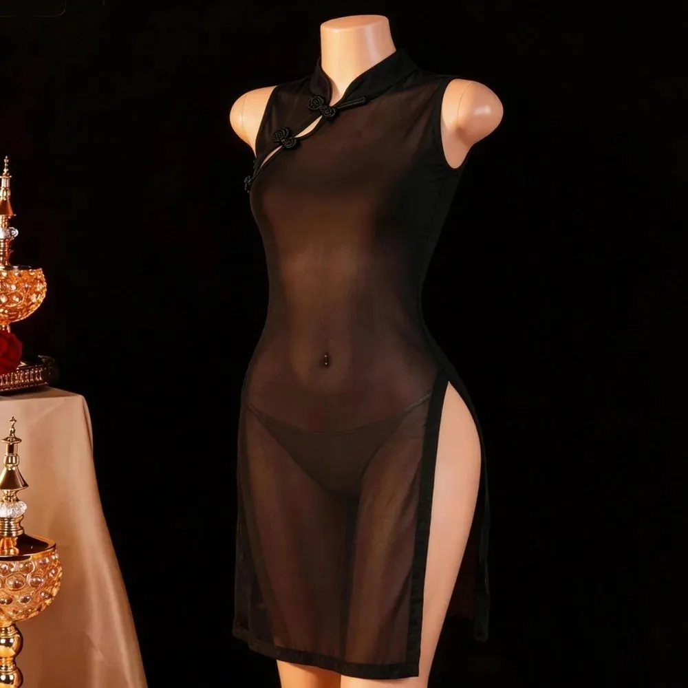Mesh Sexy Lingerie See-through Cheongsam Style Split Dress Female Exotic Dresses Appearing More Mature And Beautiful Charm image 2