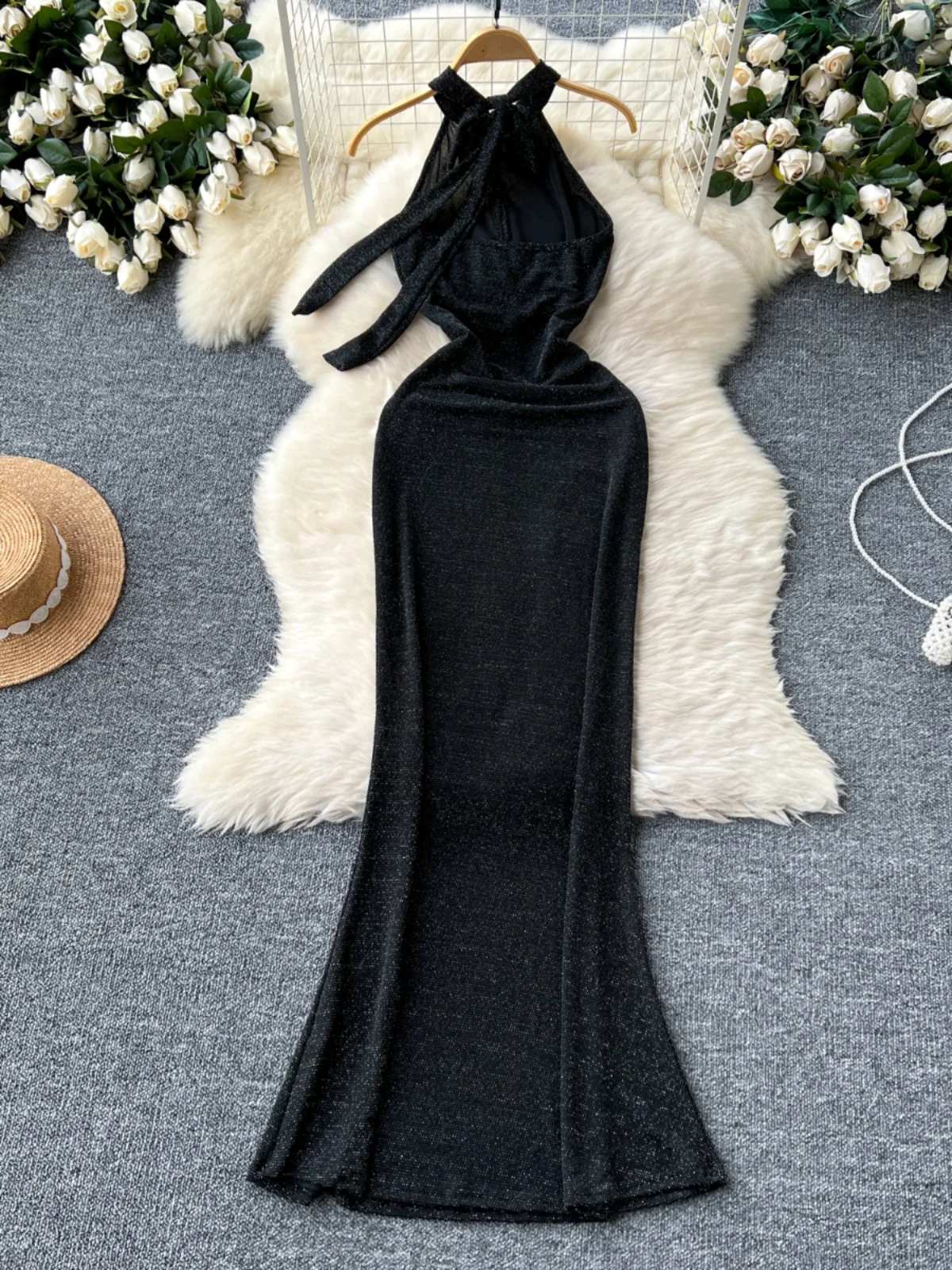 Foamlina Women Elegant Summer Dress Black Lace-up Halter Neck Cut Out Front Sleeveless Blackless Slim Evening Party Maxi Dress