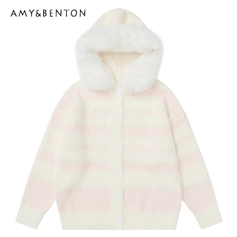 

Original Design Yellow Brightening Knitted Women's Top Coats Autumn Winter New Large Fur Collar Sweater Cardigan Coat Ladies