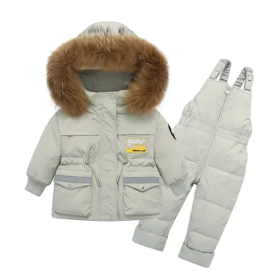 2024 Winter Down Jacket Jumpsuit Baby Boy Parka Real Fur Girl Clothes Children Clothing Set Toddler Thick Warm Overalls Snowsuit