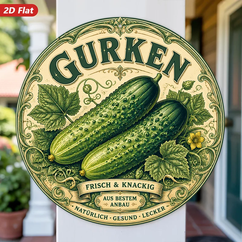 2D Flat - 【2D Flat】 2D Flat - [2D Flat] 2D Flat Print 1pc Round Metal Iron Sign, Cucumber Wall Art, Gurken Text, Two Detailed Cu