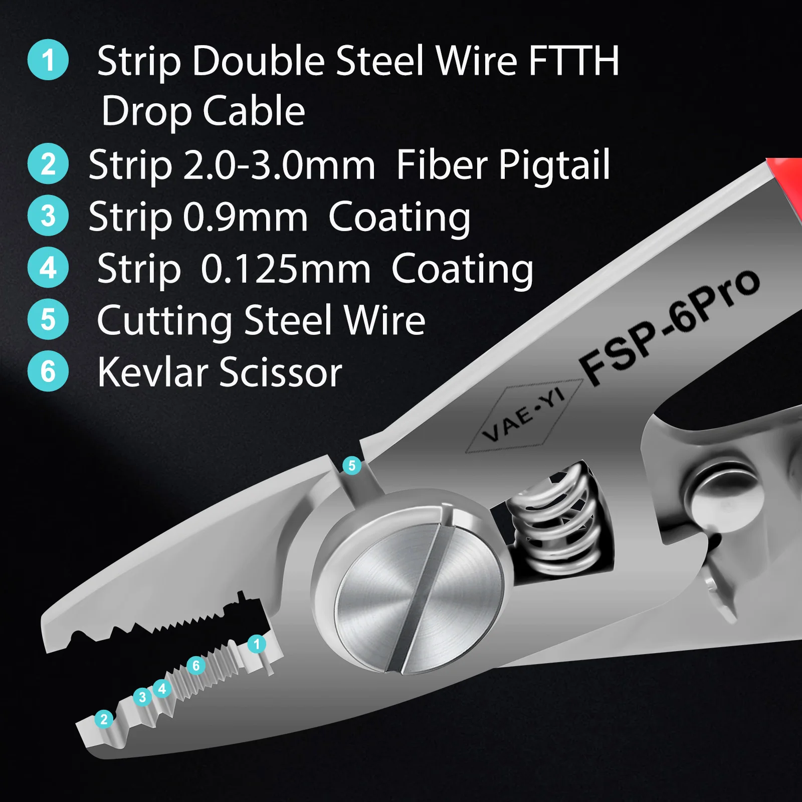 VAEYI-Stripper De Fibra Óptica De Aço Inoxidável, Wire Strippers, Ferramentas para FTTH, 6 em 1